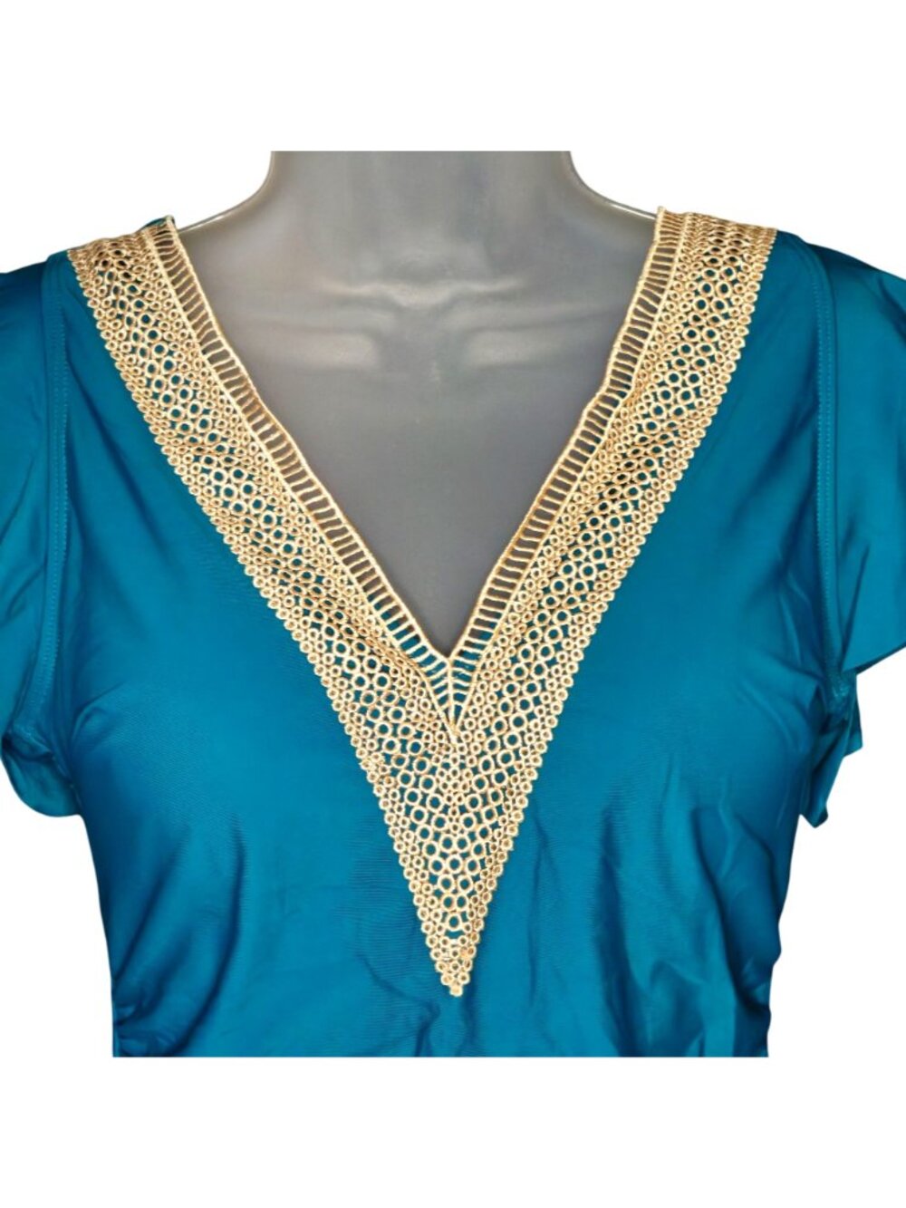 Teal Crochet Trim One Piece Swimsuit L Ruffle V Neck Tummy Control - Picture 2 of 8